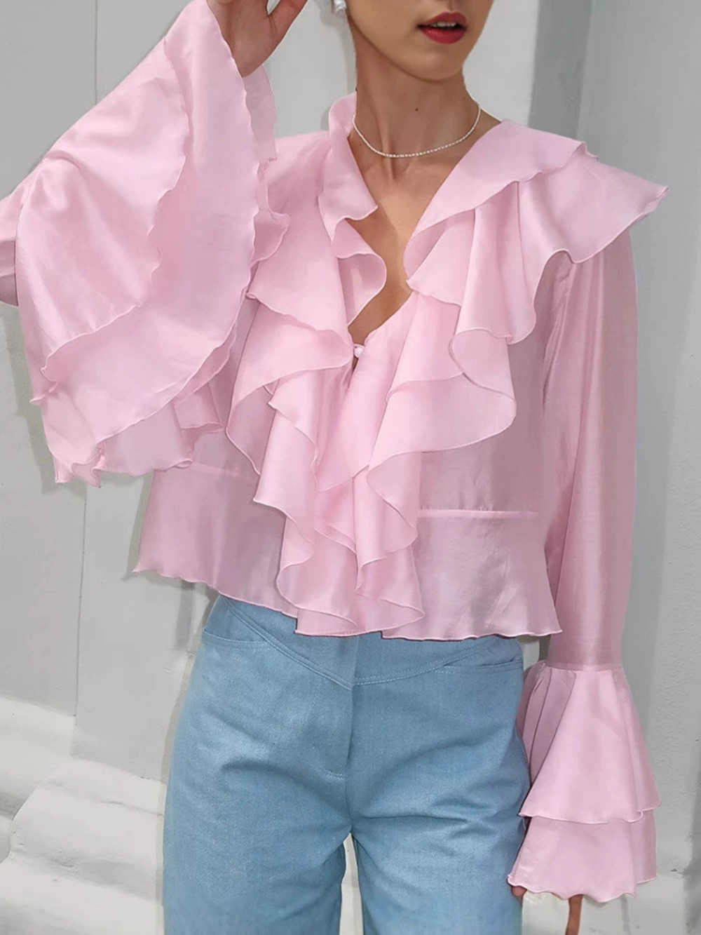 Forever 21 Court Chiffon Ruffle Blouse Flared Sleeve Pink Spring Summer